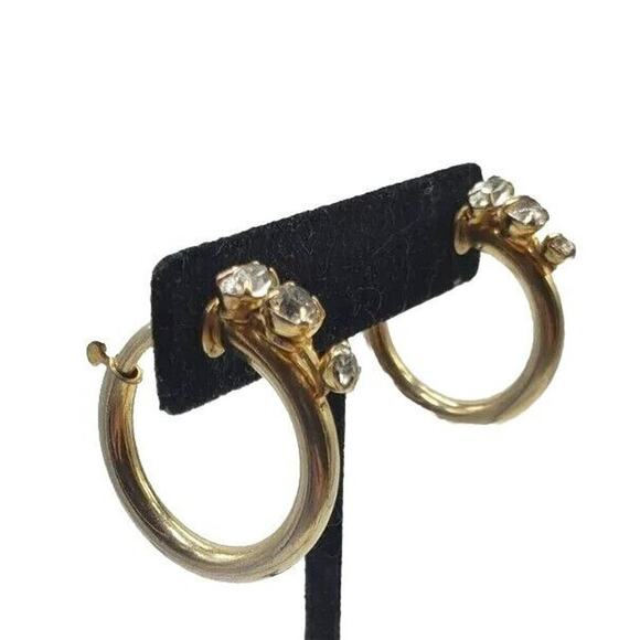 Vintage Antique Gold Hoop Earrings Rhinestones Non Pierced Push Back Clip - Picture 2 of 16